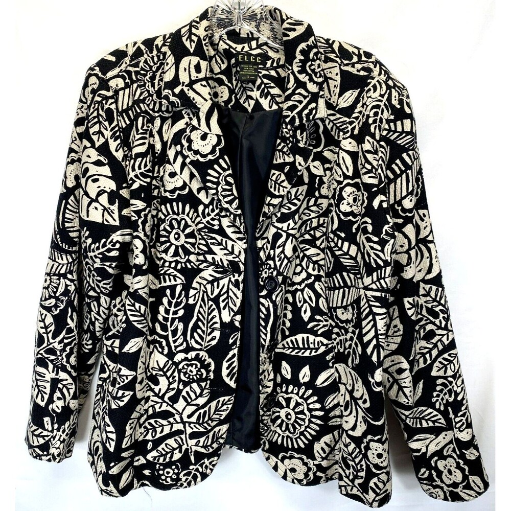 ELCC 100% Cotton Black & Ivory Floral Blazer Size Large RN78902